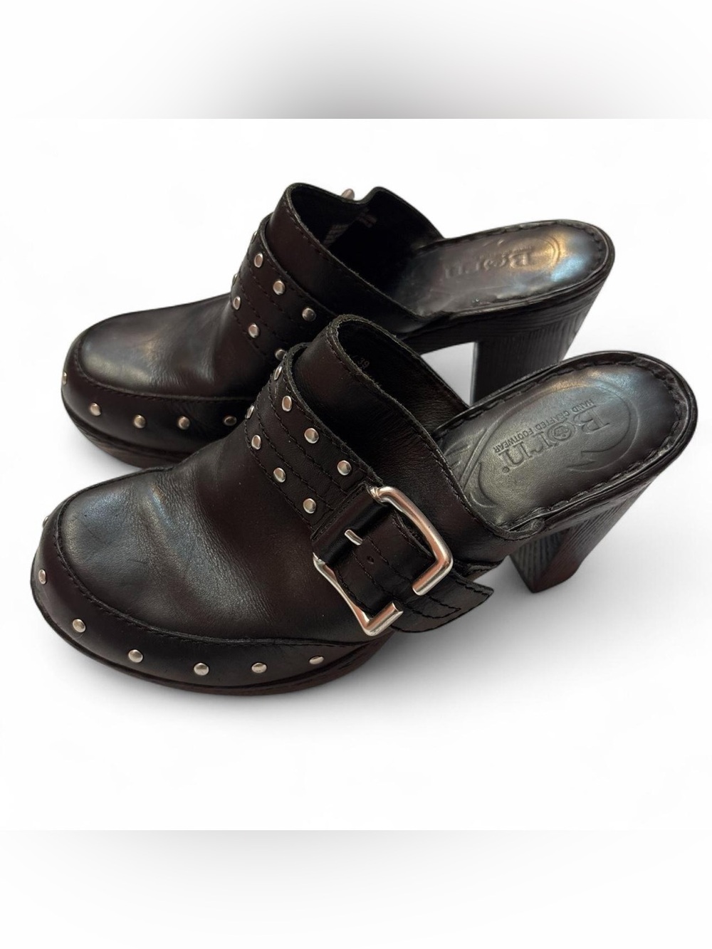 Leather Studded Buckle Mules